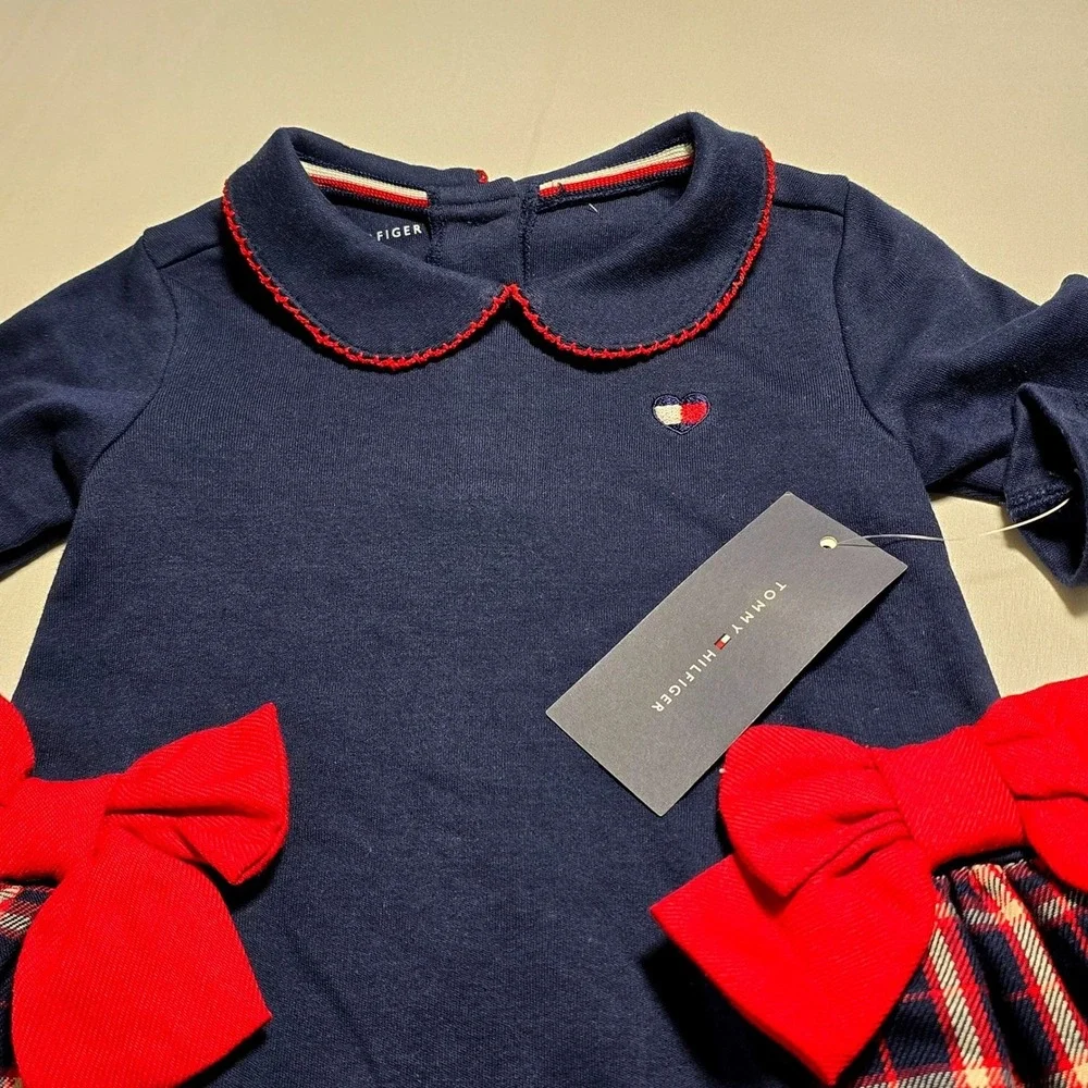 Tommy Hilfiger Baby Girl 18m Navy Plaid Bow Dress Set with‎ Diaper Cover NWT
